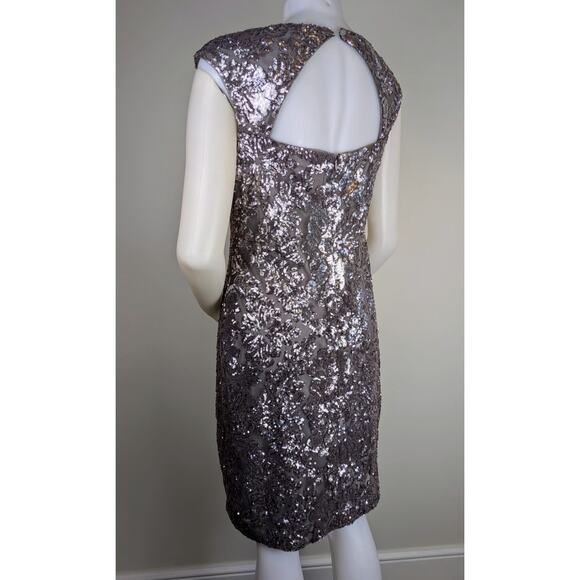 Ralph Lauren Gray Silver Sequin Tulle Evening Sheath Dress Keyhole Back Size 10 - Picture 10 of 12